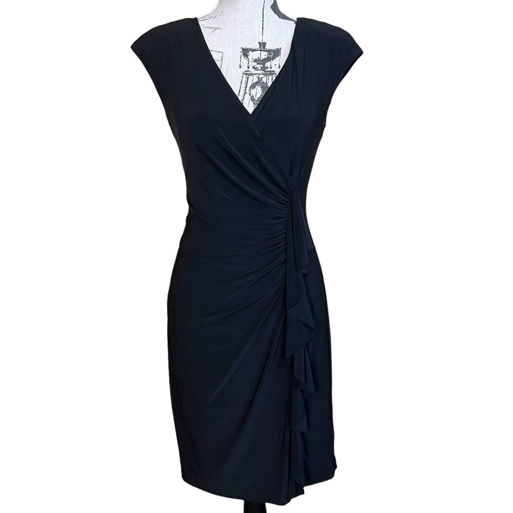 Lauren Ralph Lauren Dress Black Faux Wrap Ruched Size 6 Cap Sleeve Pullover